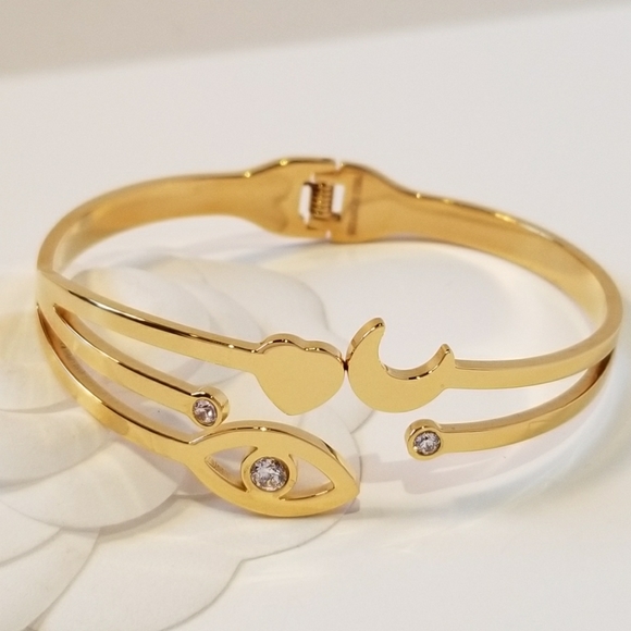18K Gold Evil Eye Heart Moon Bracelet Bangle Cuff - Picture 2 of 7